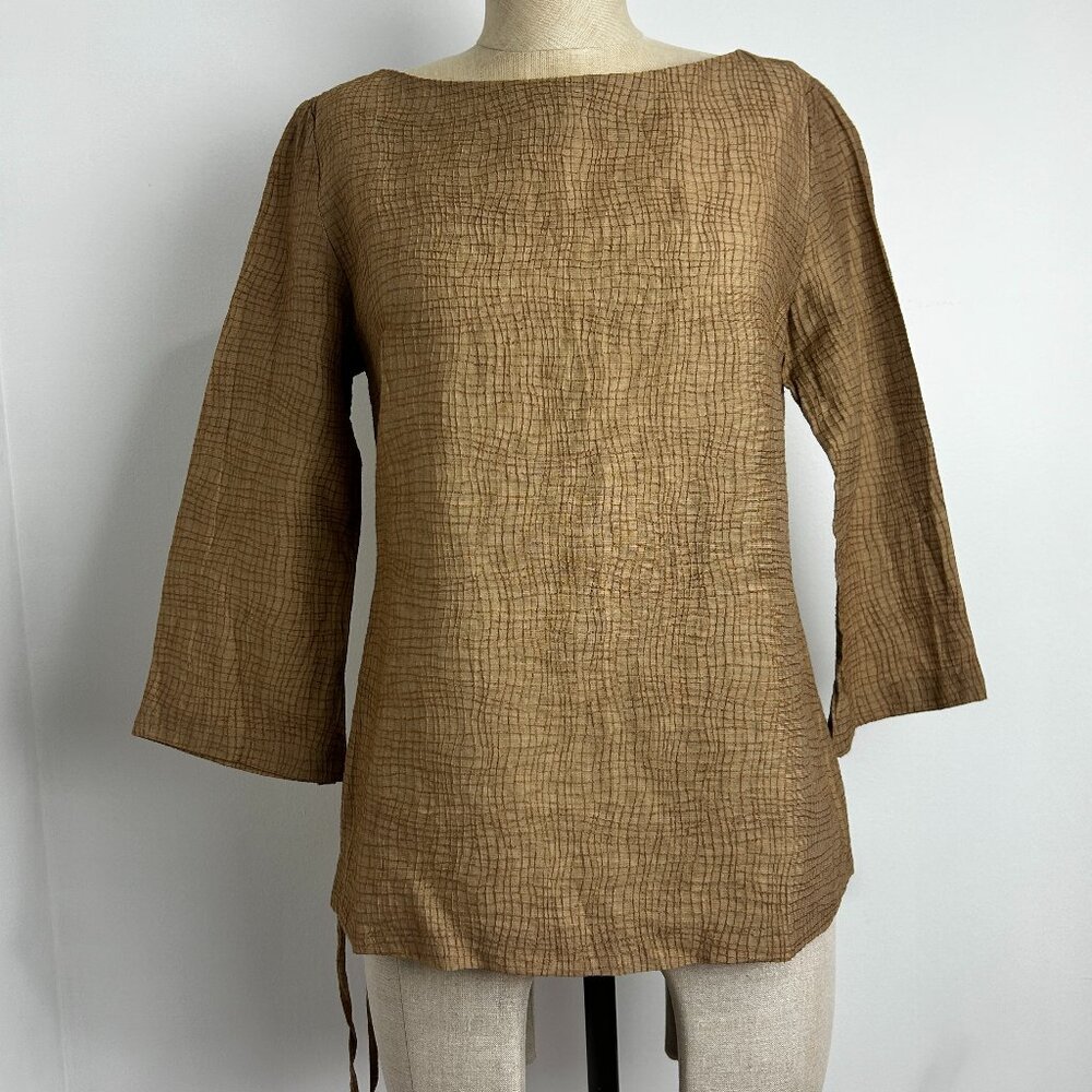 Battibaleno Blouse Brown Textured Boat Neck 3/4 Sleeve Side Ties Women's Size 6